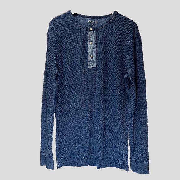 Madewell Long Sleeve T-Shirt Men Large Blue Waffle Knit Henley Pullover Ribbed - Picture 1 of 10
